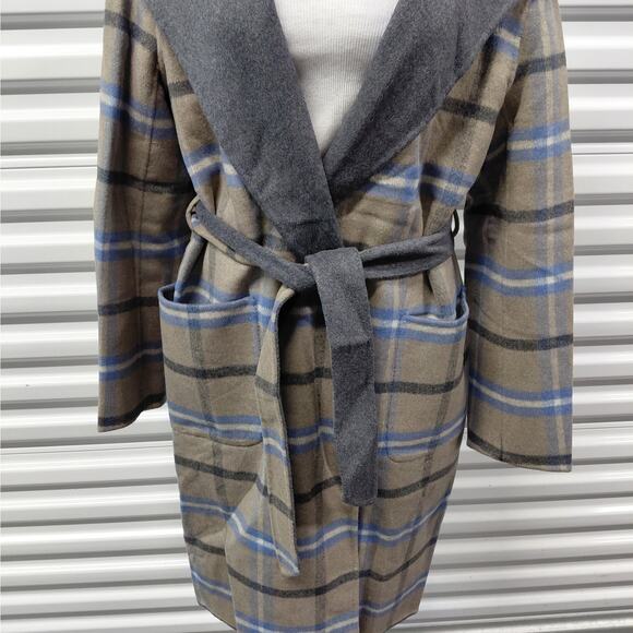 $475 NWT Elie Tahari Womens Wool Blend Wrap Coat Size Large Gray Plaid Belted - Picture 7 of 13